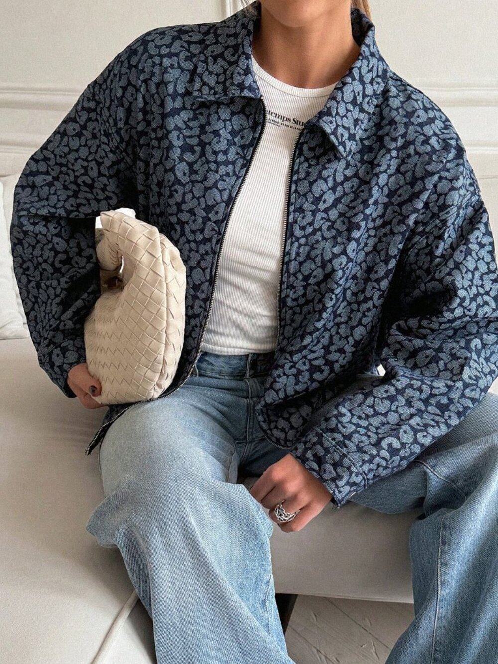 Blue Casual Women's Loose Streetwear Denim Jacket With Leopard Print - Picture 6 of 7